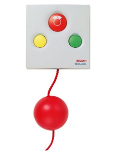 Tirette d'appel et d'annulation avec cordon, 1 bouton rouge avec symbole infirmière + 1 voyant, 1 bouton vert + 1 voyant, 1 bout